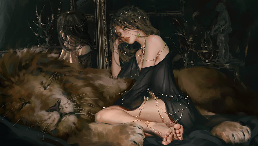 Ethereal woman in black silk dress adorned with gold chains resting beside a sleeping lion in a dark fantasy setting, Nap, girl, princess, lion, animal, frumusete, leu, art, ghostblade, aeolian, fantasy, wlop, sleep HD wallpaper