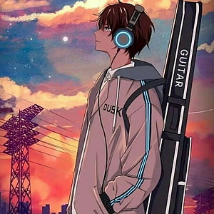 Anime Boy With Headphones And Guitar Case Against Sunset Sky HD phone wallpaper