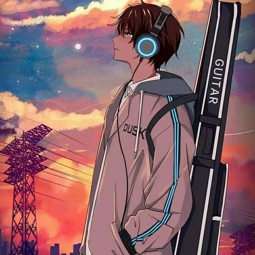 Anime Boy With Headphones And Guitar Case Against Sunset Sky HD phone wallpaper