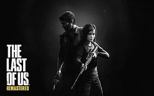 The Last of Us Remastered Joel and Ellie Armed Black and White Poster HD wallpaper