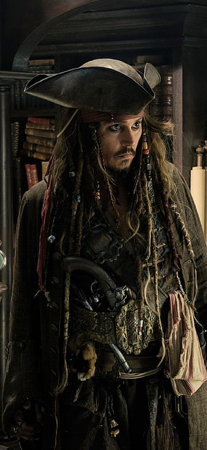 Captain Jack Sparrow in Pirate Costume with Tricorn Hat and Beaded Dreadlocks HD phone wallpaper