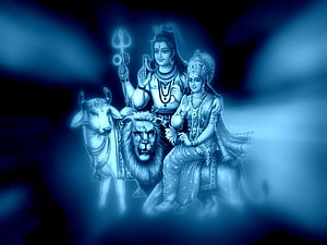 Blue Toned Hindu Deities Shiva and Parvati with Nandi and Lion Wallpaper HD wallpaper