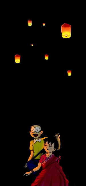 Nobita and Shizuka Releasing Sky Lanterns in a Dark Night Scene HD phone wallpaper