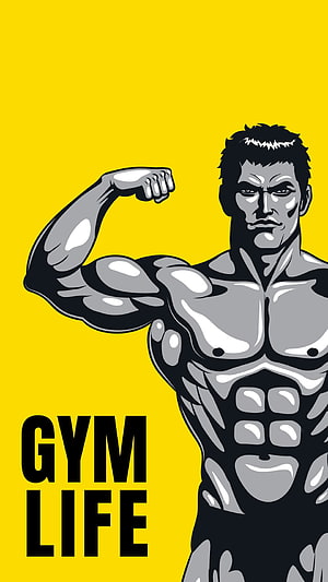 Muscular Bodybuilder Flexing Bicep on Yellow Background with Gym Life Text HD phone wallpaper