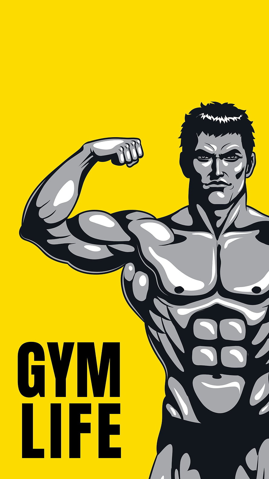 Muscular Bodybuilder Flexing Bicep on Yellow Background with Gym Life Text HD phone wallpaper
