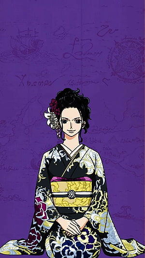 Nico Robin in Traditional Kimono with Floral Hairpiece on Purple Background HD phone wallpaper