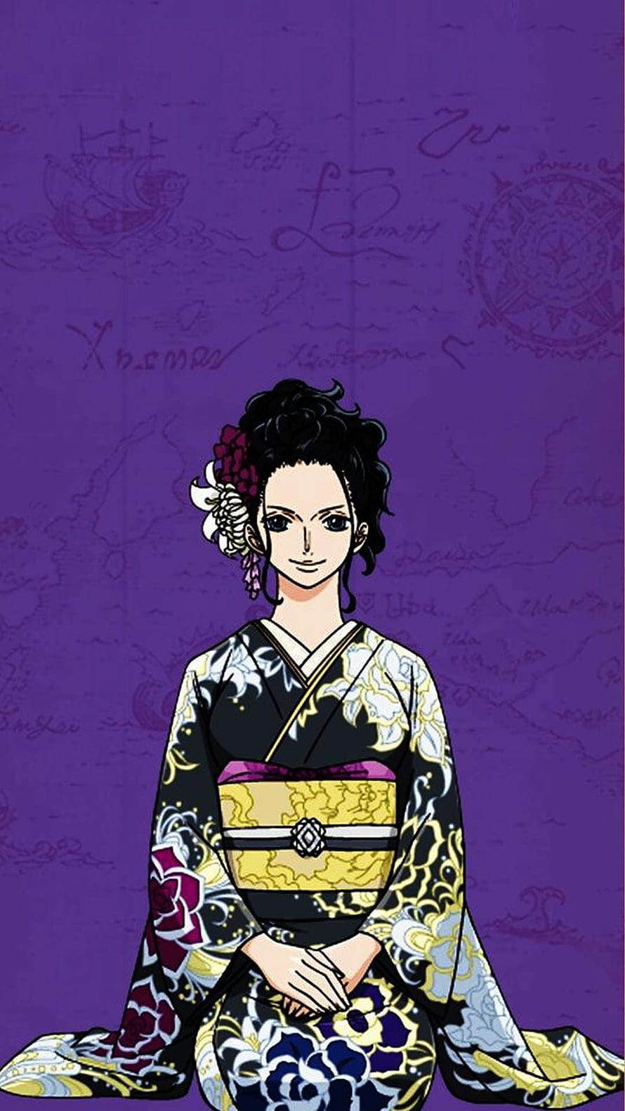 Nico Robin in Traditional Kimono with Floral Hairpiece on Purple Background HD phone wallpaper