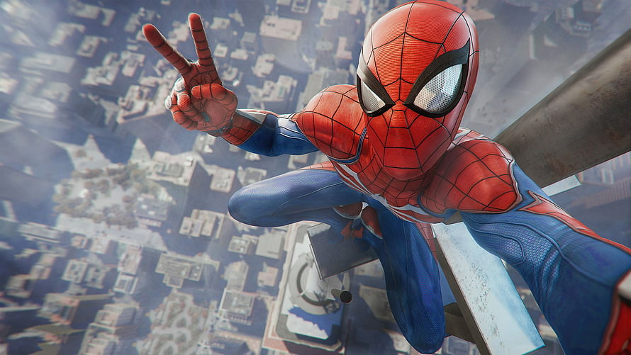 Spider-Man Crouching on Rooftop Edge Making Peace Sign Over City Skyline, Marvel Spiderman Laptop Full, Spider-Man Marvel HD wallpaper