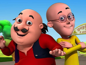 Motu Patlu cartoon characters standing together in a colorful outdoor scene HD wallpaper