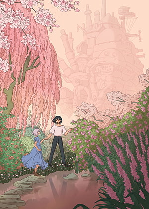 Spirited Away Chihiro and Lin Walking in Garden with Howl's Moving Castle Background HD phone wallpaper