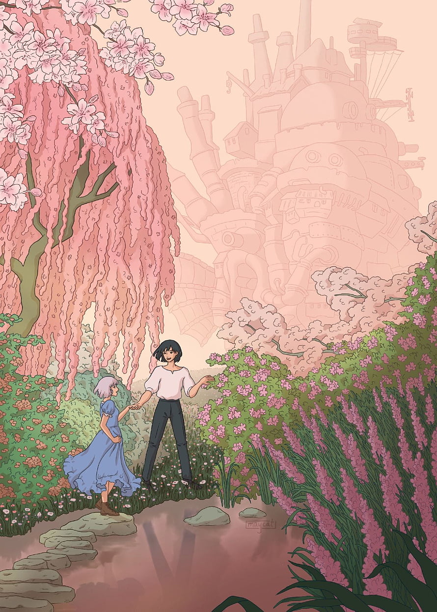 Spirited Away Chihiro and Lin Walking in Garden with Howl's Moving Castle Background HD phone wallpaper