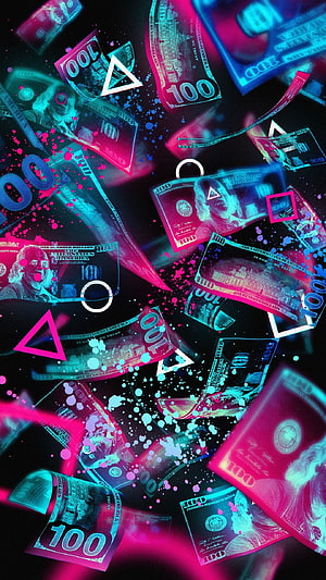 Neon Pink and Cyan Falling US Dollar Bills with Geometric Shapes and Splatter Art HD phone wallpaper