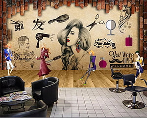 Retro Hair Salon Interior Wall Mural With Vintage Barber Shop Illustration And Styling Tools HD wallpaper