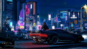 Cyberpunk 2077 Night City Street Scene with Futuristic Sports Car and Neon Skyline HD wallpaper