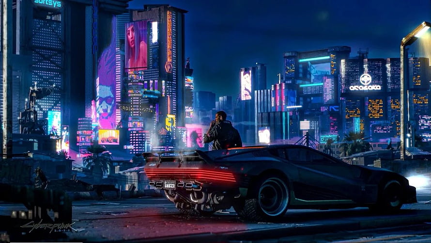 Cyberpunk 2077 Night City Street Scene with Futuristic Sports Car and Neon Skyline HD wallpaper