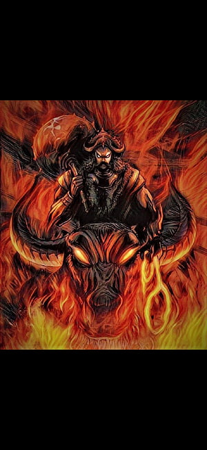 Yamraj God of Death Riding a Fiery Bull in a Dark Fantasy Illustration HD phone wallpaper