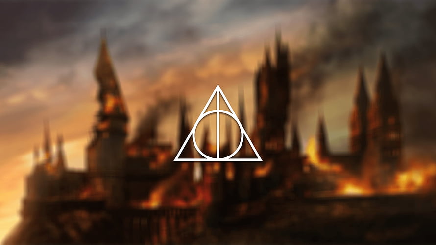 Harry Potter Deathly Hallows Symbol Over Burning Hogwarts Castle at Dusk HD wallpaper