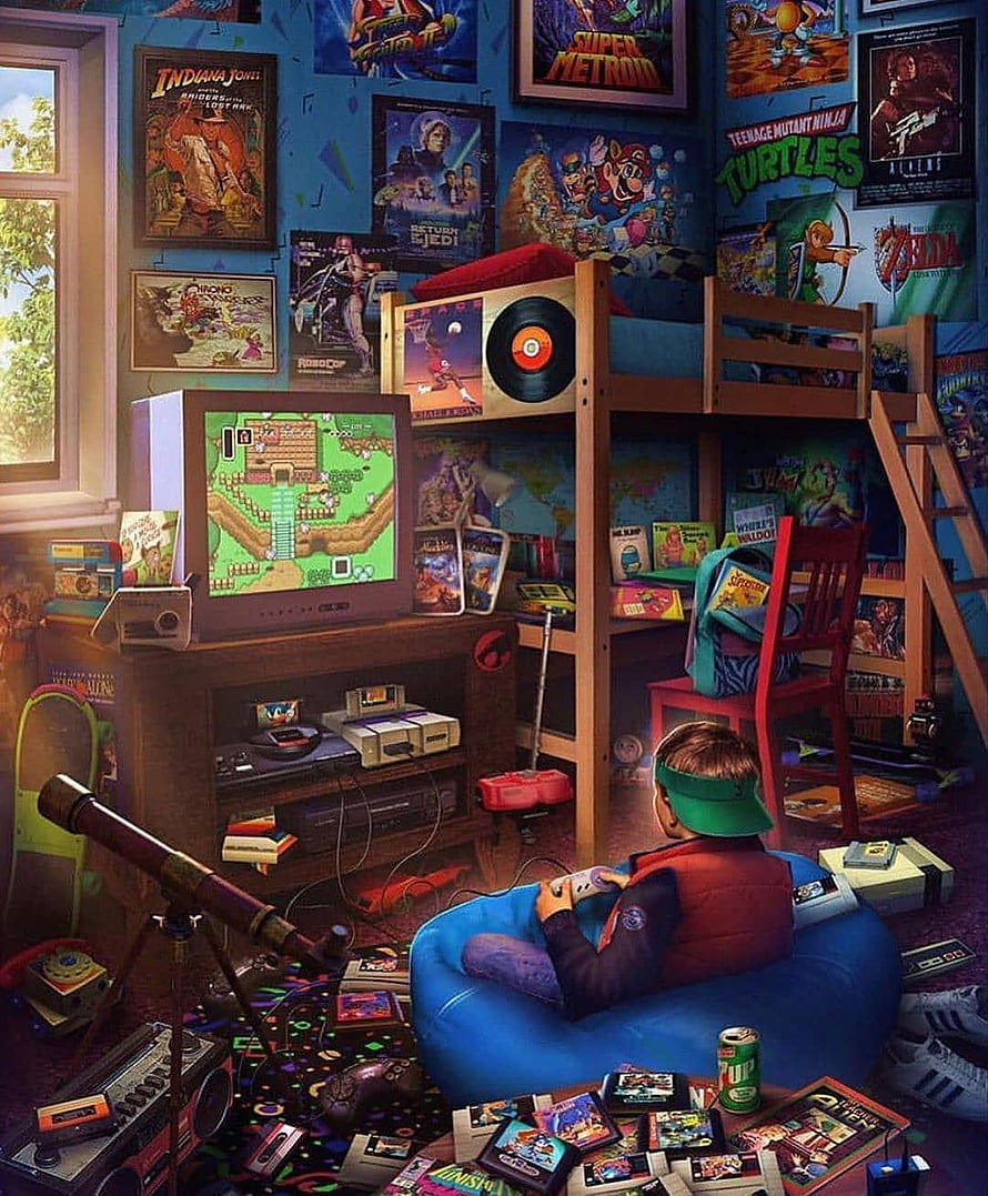 Nostalgic 90s Gamer Bedroom with Retro Consoles and Classic Movie Posters HD phone wallpaper