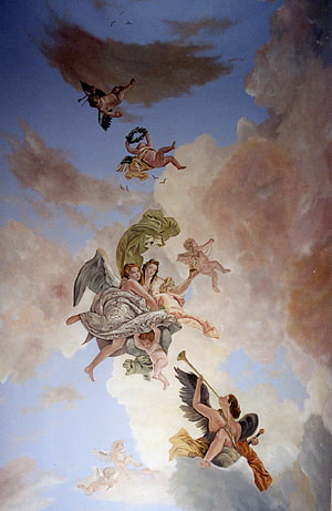 Classical Renaissance Mural Depicting Winged Figures and Putti in a Cloudy Sky HD phone wallpaper