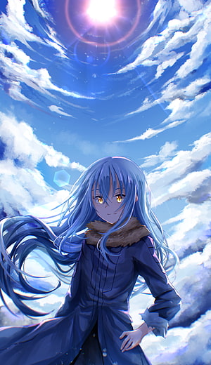 Rimuru Tempest anime character with long blue hair and golden eyes standing under a bright sunlit sky with swirling clouds HD phone wallpaper