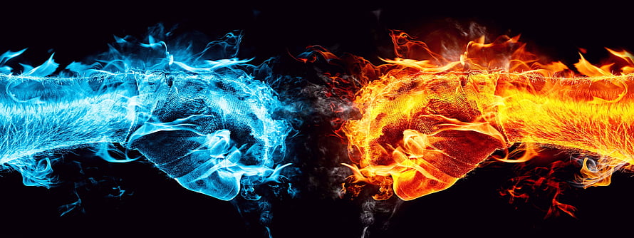 Blue Ice and Orange Fire Fists Colliding in Dramatic Elemental Clash HD wallpaper