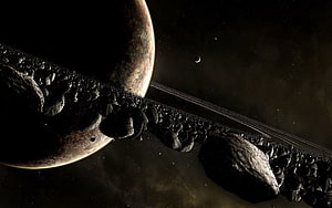 Dramatic Space Scene Featuring Ringed Planet, Asteroid Field, and Distant Moon in Deep Space HD wallpaper