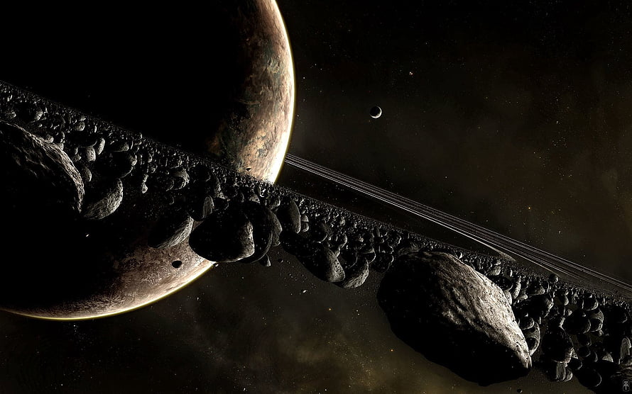 Dramatic Space Scene Featuring Ringed Planet, Asteroid Field, and Distant Moon in Deep Space HD wallpaper