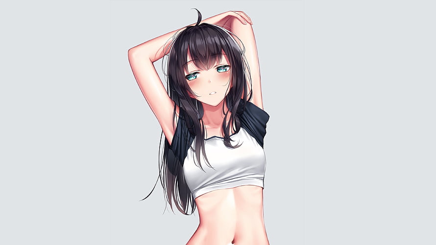 Anime Girl With Long Black Hair And Green Eyes In White Crop Top HD wallpaper