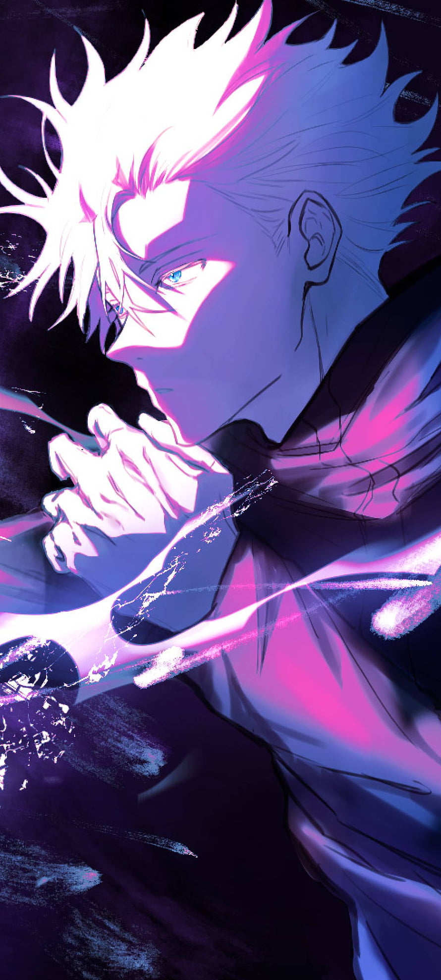 Gojo Satoru from Jujutsu Kaisen in a dramatic purple and blue neon anime style portrait HD phone wallpaper