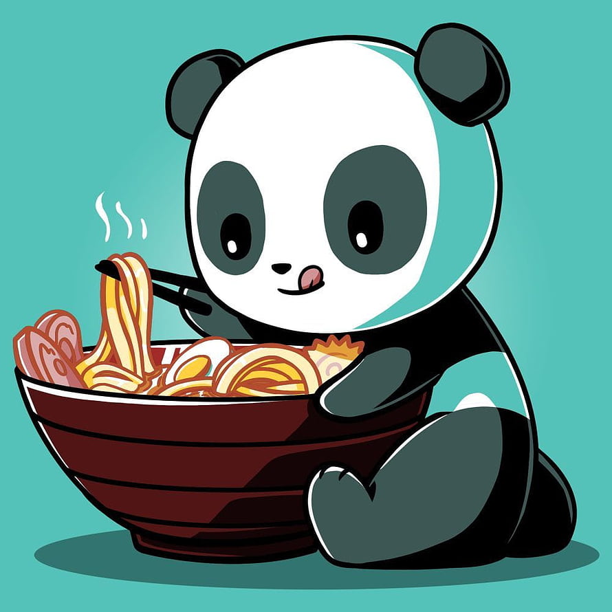 Cute cartoon panda eating a steaming bowl of ramen noodles with chopsticks on a teal background HD phone wallpaper