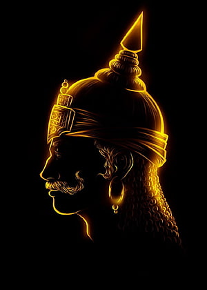 Golden Glowing Profile of a Warrior King with Ornate Helmet and Mustache HD phone wallpaper