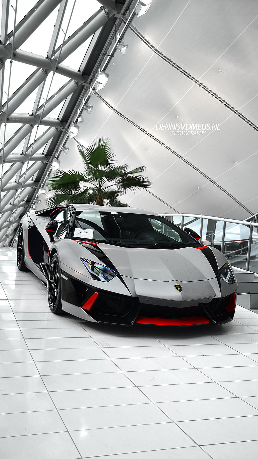 Silver Lamborghini Aventador SVJ with red accents parked in a modern glass showroom HD phone wallpaper