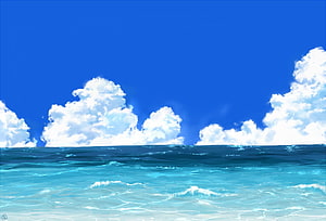 Serene Anime Ocean Horizon With Fluffy Clouds And Turquoise Water HD wallpaper