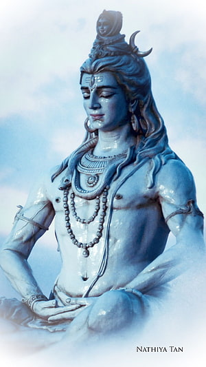 Serene Blue Shiva Statue in Meditation Pose with Crescent Moon and Snake HD phone wallpaper