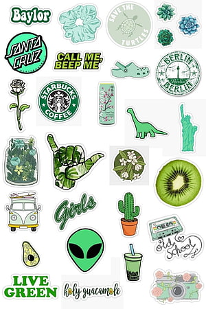 Green Aesthetic Sticker Sheet Featuring Plants, Food, and Pop Culture Icons HD phone wallpaper