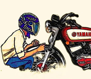 Yamaha RX100 Motorcycle Artwork with Mechanic and Blue Helmet HD wallpaper