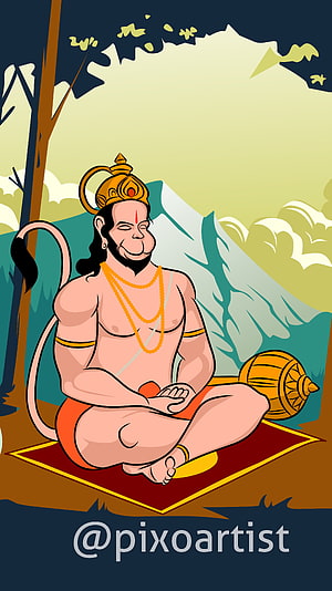 Hanuman Meditating in a Serene Mountain Landscape with Mace and Crown, Hanuman Ji, art, ram HD phone wallpaper