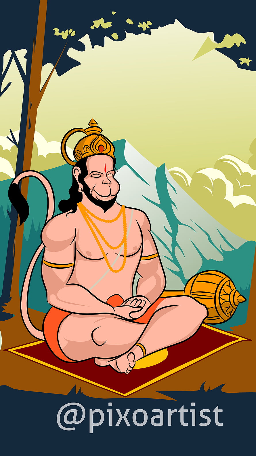Hanuman Meditating in a Serene Mountain Landscape with Mace and Crown, Hanuman Ji, art, ram HD phone wallpaper