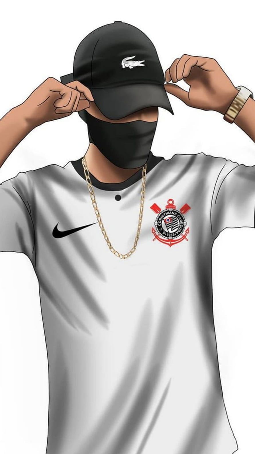 Digital Illustration of a Masked Figure Wearing a Corinthians Jersey and Black Cap HD phone wallpaper