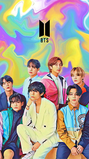 BTS K-pop group members posing in colorful outfits against a vibrant psychedelic background HD phone wallpaper