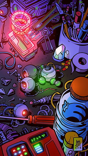 Neon Cyberpunk Robot Workshop Illustration with Glowing Gadgets and Tools HD phone wallpaper