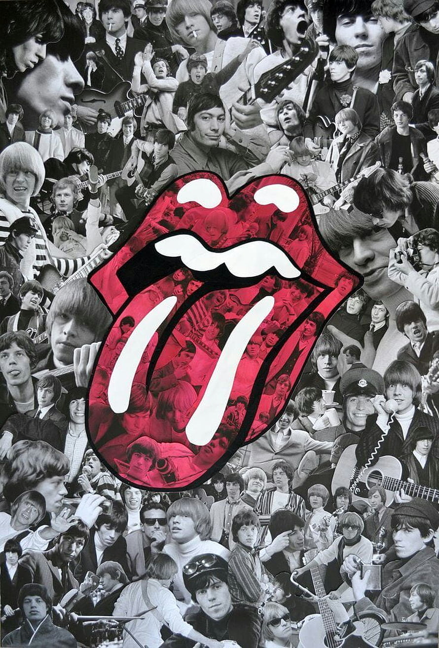 The Rolling Stones Tongue and Lips Logo Over Black and White Band Member Collage HD phone wallpaper