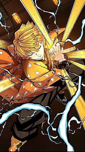 Zenitsu Agatsuma wielding Thunderclap and Flash technique in Demon Slayer anime style HD phone wallpaper