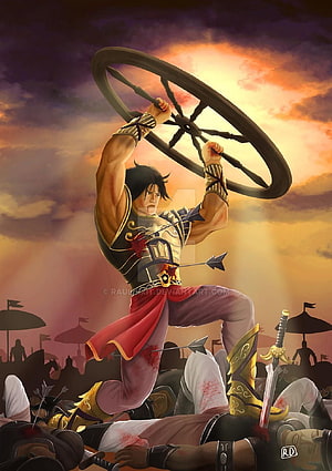 Samurai Warrior Holding Wheel Weapon Amidst Battlefield Sunset HD phone wallpaper
