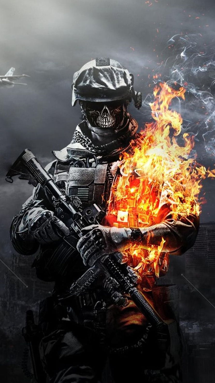 Skull Mask Soldier On Fire With Assault Rifle In Dark War Zone HD phone wallpaper