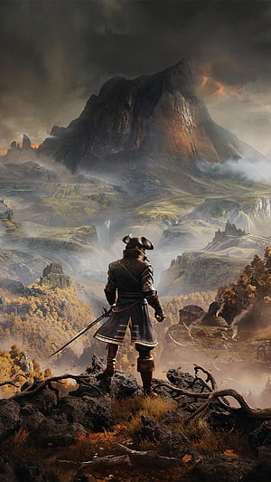 Fantasy Warrior Gazing at Majestic Mountain Landscape with Autumn Forest and Misty Valleys HD phone wallpaper