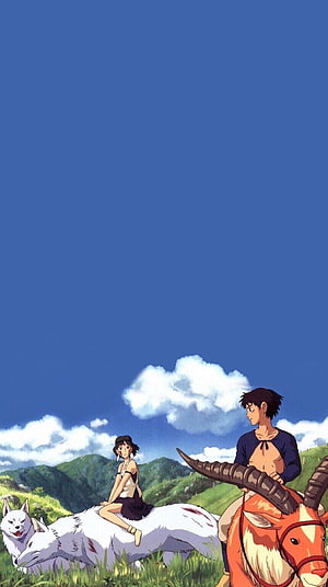 Princess Mononoke Anime Scene with San and Ashitaka Riding Animals in a Green Meadow HD phone wallpaper