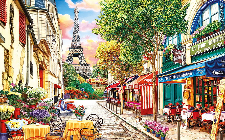 Charming Parisian Street Scene With Eiffel Tower, Cafe Terraces, and Vibrant Flowers HD wallpaper