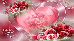 Romantic Pink Roses Inside Diamond Heart Frame With Sparkling Background HD wallpaper