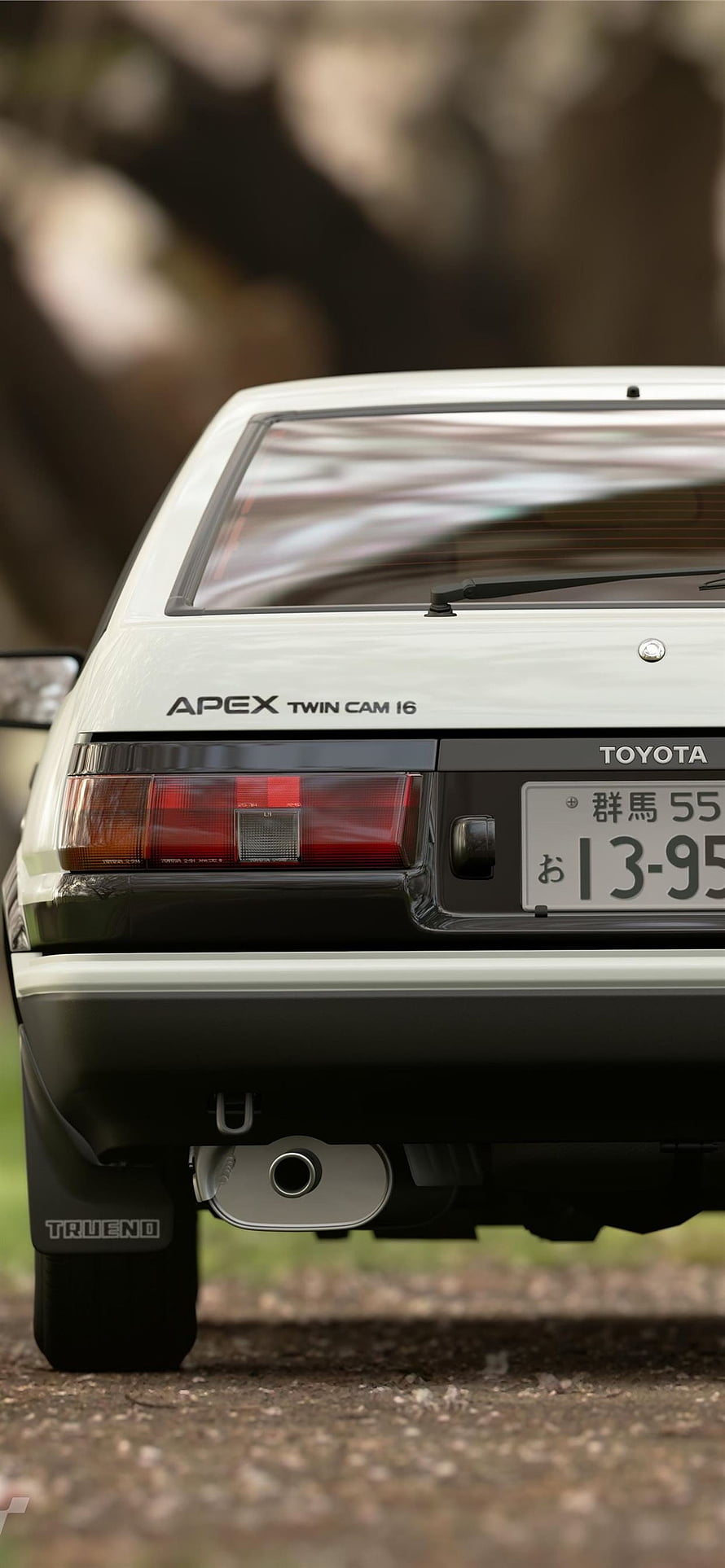 Rear View of a White Toyota AE86 Trueno with Apex Twin Cam 16 Badging and Japanese License Plate HD phone wallpaper